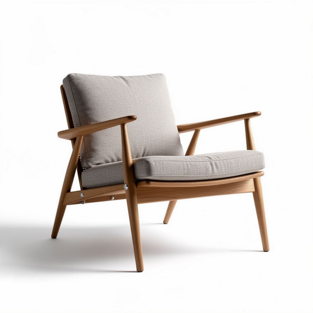 Houten leunstoel met lichtgrijze kussen 80 x 70 x 75cm