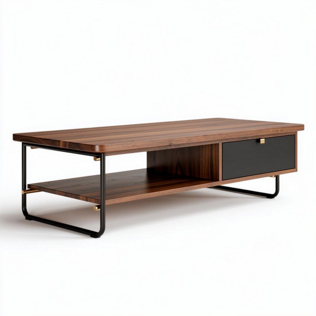 Houten salontafel met metalen poten en lade 120 x 60 x 40cm zwart bruin