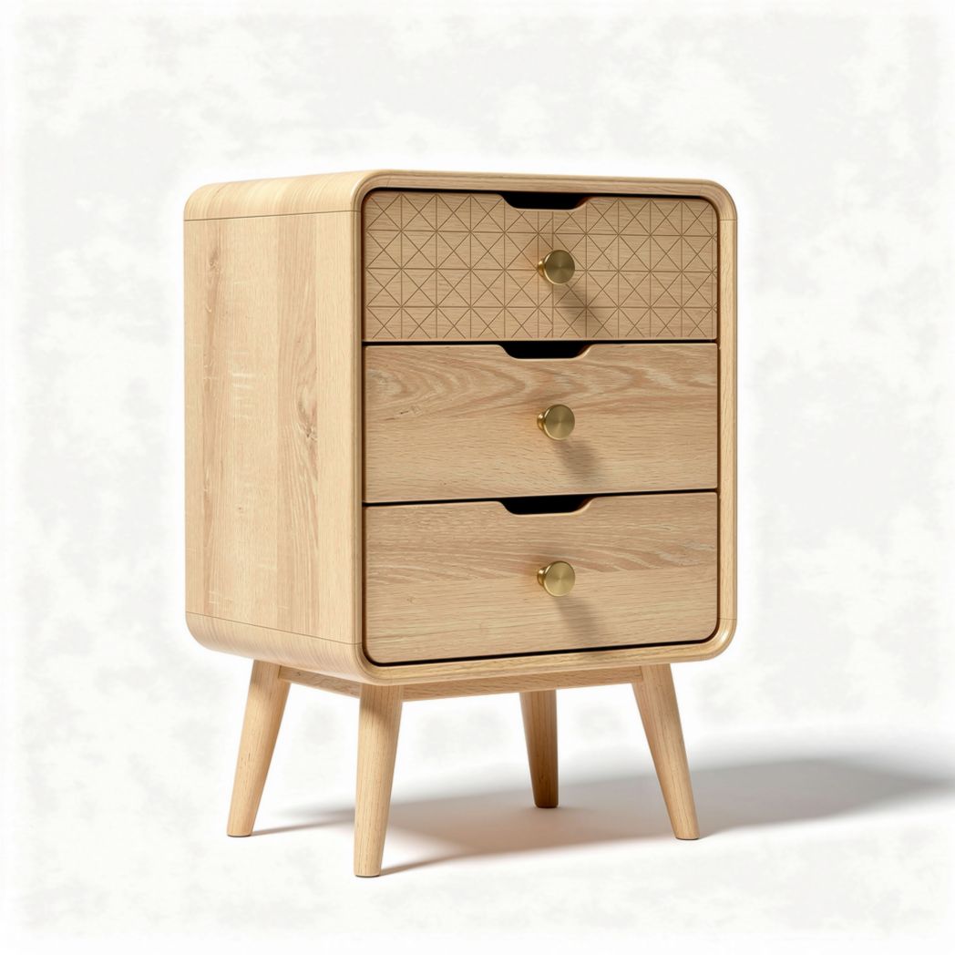 Houten nachtkastje met drie lades en geometrisch patroon 45 x 40 x 60cm
