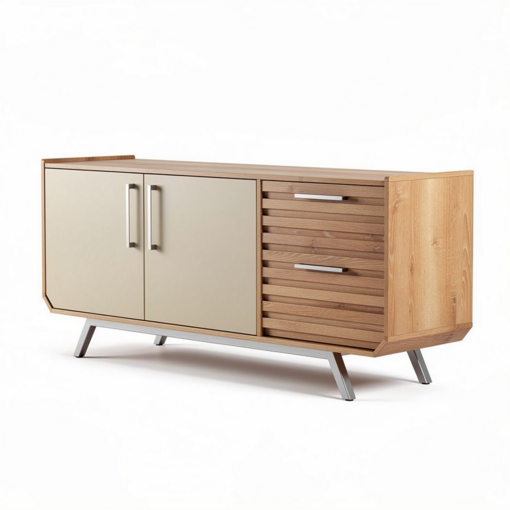 Dressoir in hout en metaal met 2 deuren en 3 lades 120 x 40 x 75cm