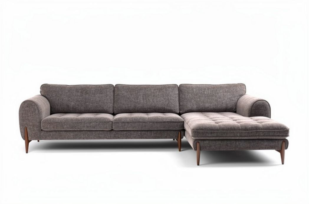 Hoekbank van grijs stof met houten poten 240 x 90 x 80cm