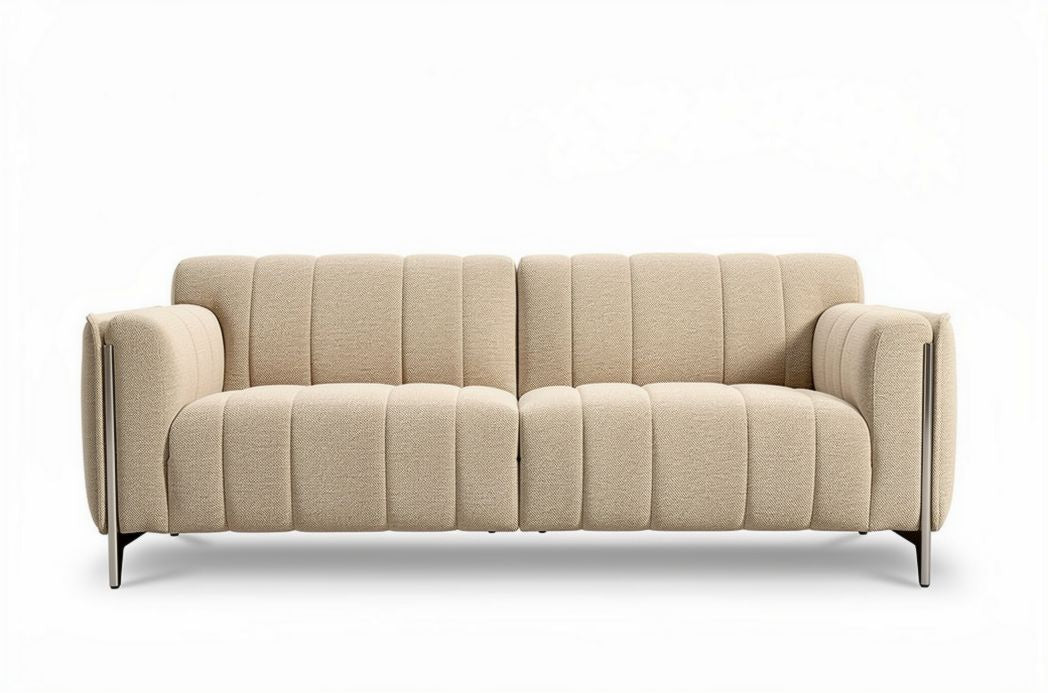 Beige stoffen bank met gestikte details en metalen poten 200 x 90 x 75cm